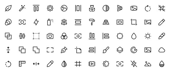 Design Tools icon set. Photo Editing vector icons. Faturing Quill, Magic Wand,Crop, Brush, Layers, Eyedrpper, and more. Editable sroke.