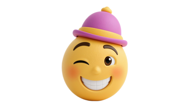 Whimsical Winking Emoji Wearing a Playful Pink Hat - A Cheerful 3D Character Illustration