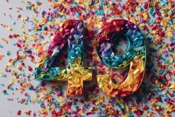 Fototapeta premium Bright Colorful Number 49 Surrounded by Vibrant Confetti Decoration