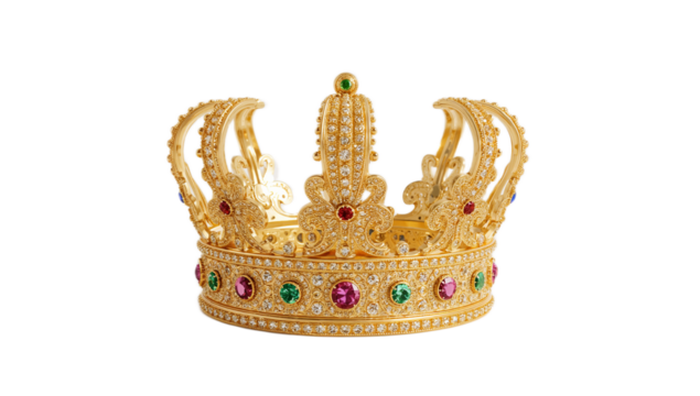 Luxurious golden royal crown adorned with sparkling colorful gemstones, symbolizing power, wealth, and regality, isolated on a pristine white background