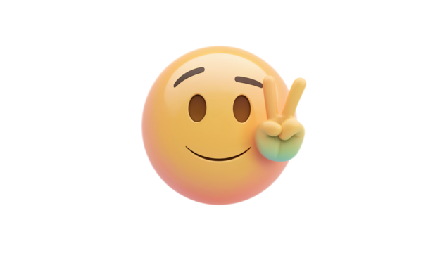 Highly detailed lucid realism render of a smiling emoticon showing a peace symbol with a colorful hand, representing harmony and positivity