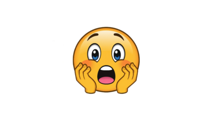 Bright yellow round emoji expressing deep shock and surprise with wide eyes, open mouth, and hands on cheeks, conveying astonishment and an unexpected emotional reaction