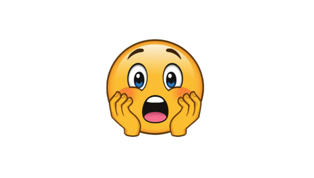 Bright yellow round emoji expressing deep shock and surprise with wide eyes, open mouth, and hands on cheeks, conveying astonishment and an unexpected emotional reaction