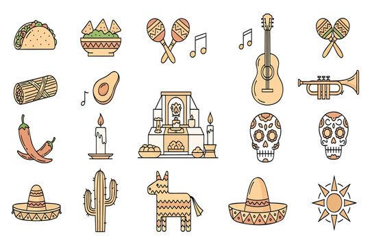 Vibrant Mexican cultural icons celebrate fiesta and tradition with festive food and music elements