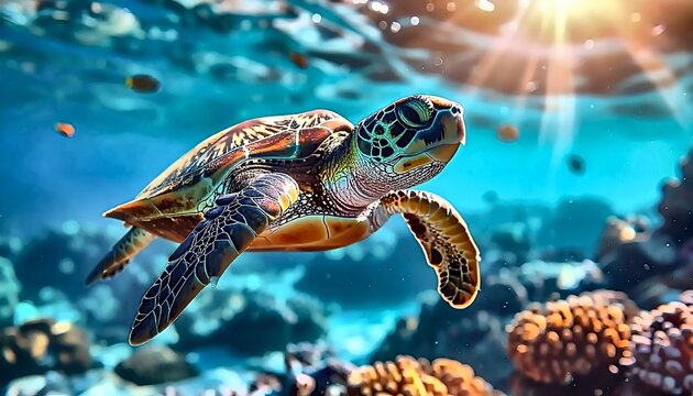 Graceful Sea Turtle Gliding Through Sunlit Tropical Waters, Coral Reefs Below