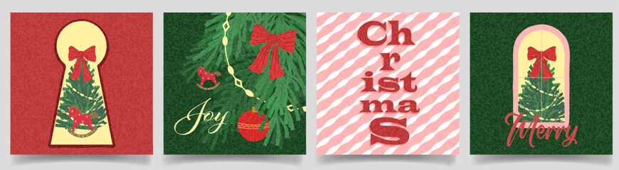 Merry Christmas and Happy New Year card set featuring festive trees, ribbon bow, holiday lettering. Warm textured backgrounds. Modern bright Xmas design with hand drawn elements in minimal retro style