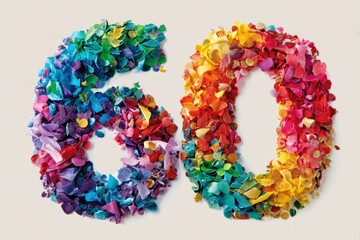 Colorful Floral Number Sixty Made from Petals on a Light Background