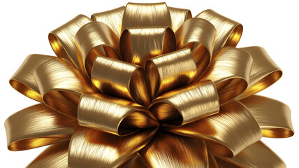 A large, fluffy, golden metallic bow isolated on a white background