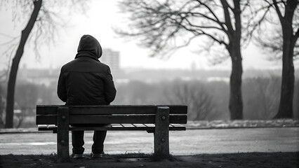 Thoughtful figure sits on park bench overlooking misty cityscape, pondering life's journey in black and white, perfect for introspective narratives