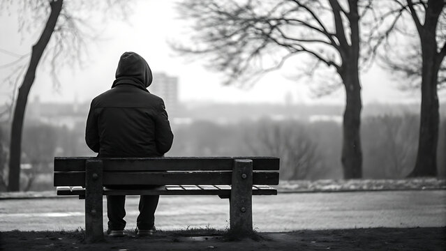 Thoughtful figure sits on park bench overlooking misty cityscape, pondering life's journey in black and white, perfect for introspective narratives