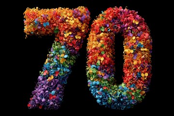 Colorful Number 70 Made of Brightly Colored Decorative Items