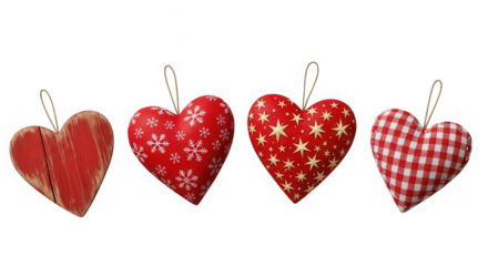 Four decorative red heart ornaments, isolated on transparent background
