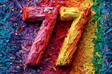 Colorful Number Seventy-Seven Made from Craft Straws on Rainbow Background