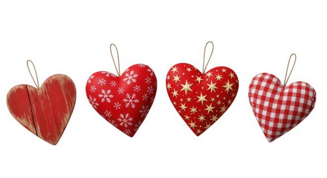 Four decorative red heart ornaments, isolated on transparent background