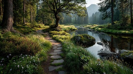 A river flows through a forest with a path and trees.