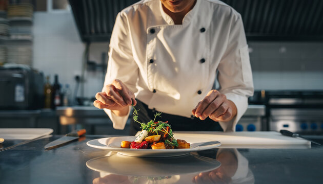 A chef in a professional kitchen plating and garnishing a gourmet dish. - Powered by Adobe