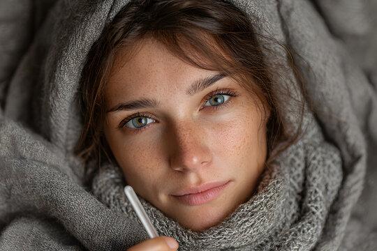 Sick exhausted girl in scarf is lying in bed wrapped in blanket. Young woman with fever and headache is measuring temperature with thermometer, treated at home. Winter cold and flu concept. - Powered by Adobe