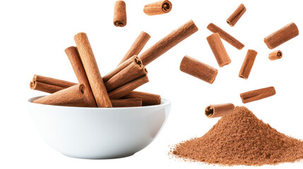 Cinnamon sticks and powder in a bowl isolated on transparent background