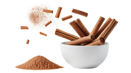 Cinnamon sticks and powder exploding from a white bowl isolated on transparent background