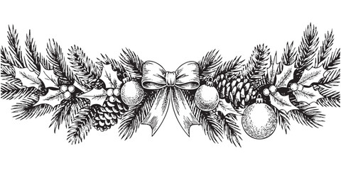Black and White Vintage Christmas Garland Illustration with Pine, Ornaments, Leaves, and Bow