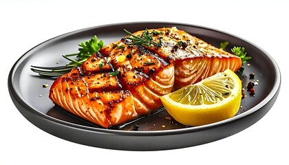 Grilled Salmon Steak with Lemon and Herbs on Dark Plate, Isolated