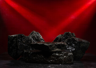 Fototapeta premium Dark red podium backdrop for cosmetics product presentation made of natural stones with texture