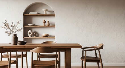 Cozy dining room interior with wooden table and chairs in front of arched shelves with decor isolated on white background