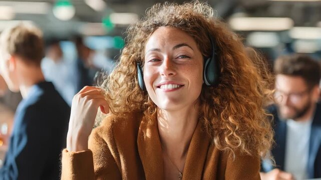Woman testing wireless headset features highlighting freedom of movement and seamless connectivity in a busy office environment.