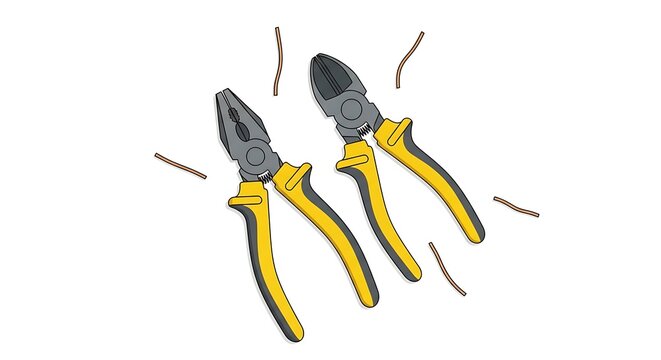 Two Pliers with Yellow Handles and Wire Snippets on White Background.