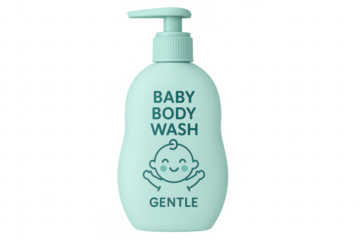 Baby body wash pump bottle with gentle cleanser on transparent background