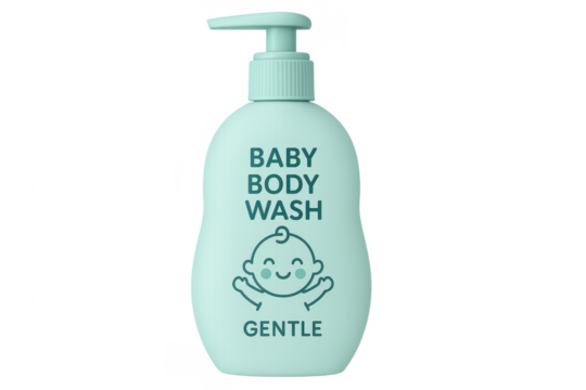 Baby body wash pump bottle with gentle cleanser on transparent background