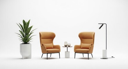 Two stylish high backed armchairs with a plant and a modern lamp isolated on white background
