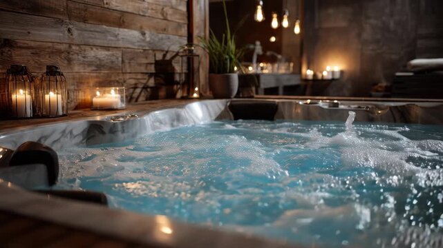 Medium shot of a sleek home jacuzzi setup with bubbles gently rising surrounded by wooden paneling and ambient candles for ultimate relaxation.