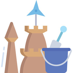 Brown Sandcastle With Blue Bucket And Shovel On A Sunny Day With A Tall Spire And A Small Tower On A White Background