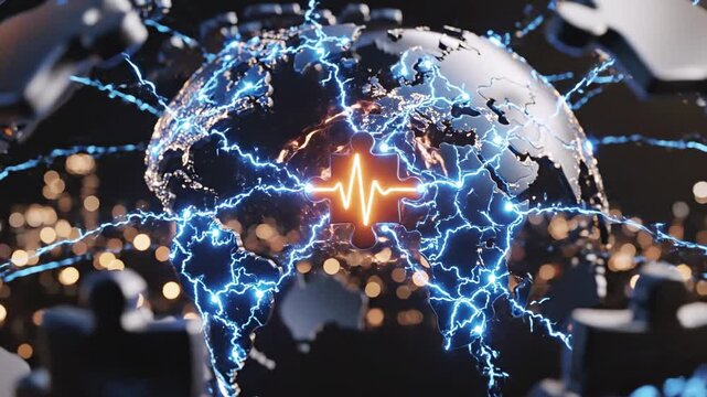 Abstract image of the earth surrounded by electric currents, with a puzzle piece having a heartbeat