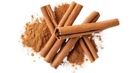 Cinnamon sticks and ground cinnamon isolated on transparent background