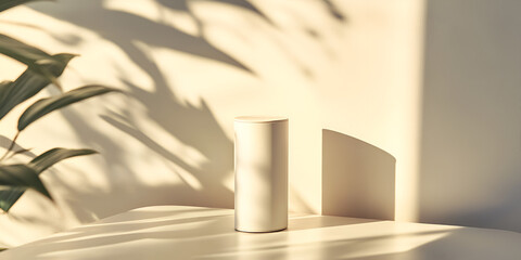 Minimal White Cylinder on Table with Natural Sunlight and Shadows