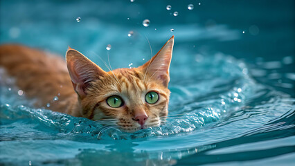 Ginger cat swimming gracefully through cool water with bright eyes, a refreshing summer vibe for pet lovers and animal enthusiasts seeking unique visuals