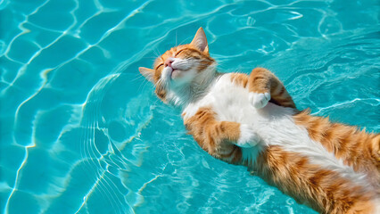 Whimsical feline floating serenely in shimmering pool waters, exuding relaxation and carefree summer vibes for pet lovers and lifestyle brands alike