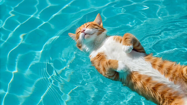 Whimsical feline floating serenely in shimmering pool waters, exuding relaxation and carefree summer vibes for pet lovers and lifestyle brands alike