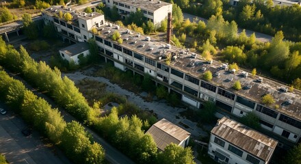 Aerial drone view of a large abandoned industrial building complex overgrown with green vegetation and trees.