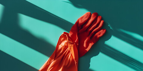 Red Rubber Cleaning Gloves on Blue Background with Shadows