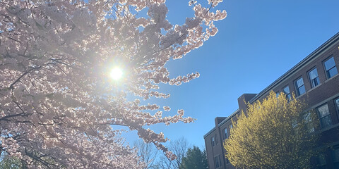 Cherry Blossom Trees with Blue Sky and Falling Petals