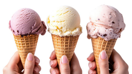 Three scoops of ice cream in cones held by hands isolated on transparent background