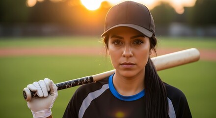 Serious Female Baseball Softball Player Holding Bat on Shoulder at Sunset Field