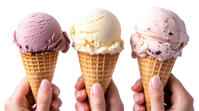 Three scoops of ice cream in cones held by hands isolated on transparent background