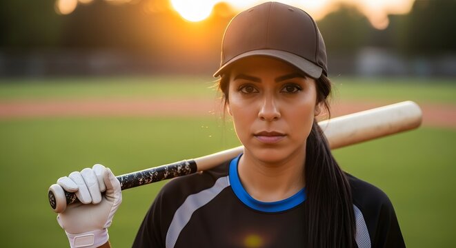Serious Female Baseball Softball Player Holding Bat on Shoulder at Sunset Field