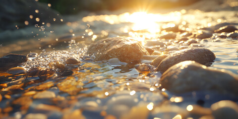Crystal Clear Mountain Lake with Rocky Shore and Sunrise