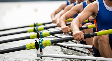 Close Up of Rowers Hands Gripping Oars Synchronized Team Rowing Water Sport