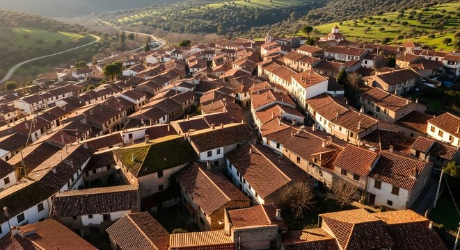 Aerial view of a traditional village with red-tiled roofs nestled in green hills under a clear sky. - Powered by Adobe